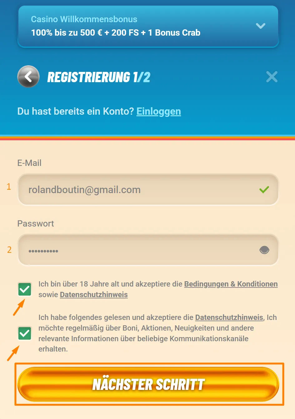 Inscription Vegasino Casino